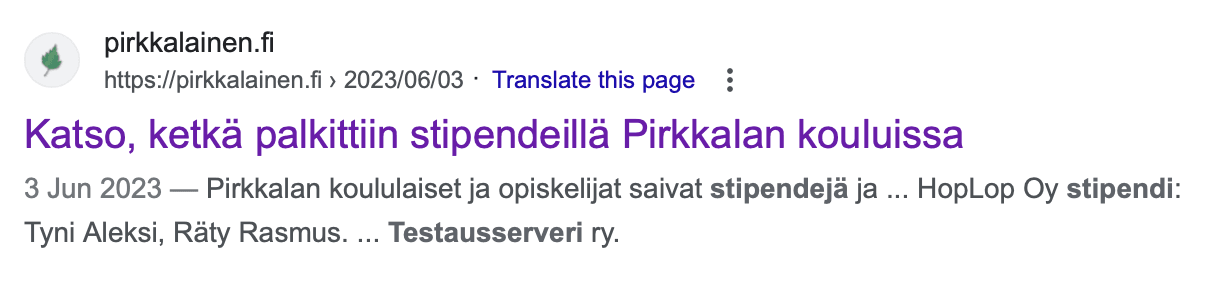 Googlen hakutuloksissa